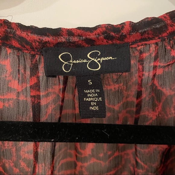 Jessica Simpson Red & Black Sheer Tunic Blouse with Beaded Cuffs Size Small - Picture 3 of 9